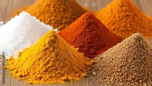 Fototapeta Naklejka Na Ścianę i Meble -  Colorful spice piles aromatic ingredients for culinary delights and global flavors