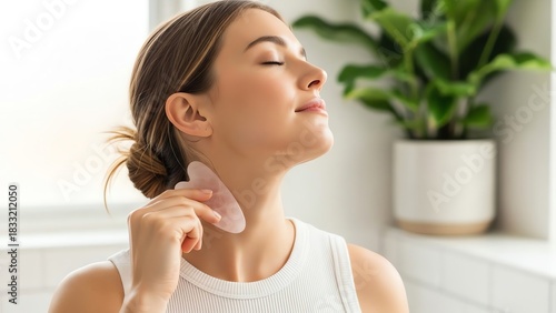 Woman using facial massage tool for skincare