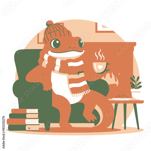A cozy cartoon gecko wearing a winter hat and scarf enjoys a hot drink in an armchair by the fireplace.