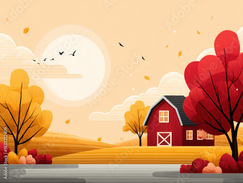 Farm scene with red barn