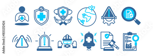 HSE icon collection set. ContainingHealth, safety, prevention,environment, Risk Assessment, Hazard, Incident, PPE (Personal Protective Equipment).Simple flat vector.
