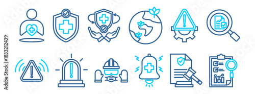 HSE icon collection set. ContainingHealth, safety, prevention,environment, Risk Assessment, Hazard, Incident, PPE (Personal Protective Equipment).Simple flat vector.