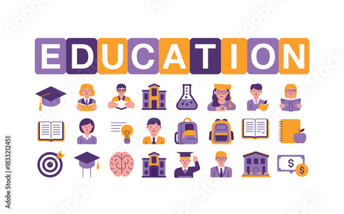 A diverse collection of icons represents the concept of education, featuring symbols of learning, schools, and students.