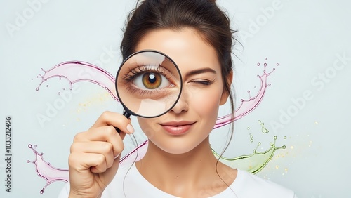 Woman examining eye with magnifying glass