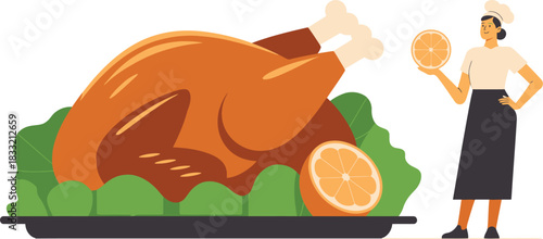Cartoon Turkey with Citrus and a Chef in Uniform Preparing a Meal