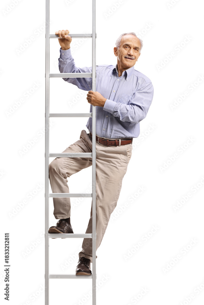 Naklejka premium Elderly man standing on a ladder and looking at camera