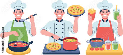 Chef Cooking Soup, Pizza, Fries, and Drinks Culinary Expertise Displayed by Friendly Cooks in White Hats