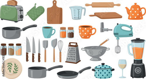 Kitchen utensil vector set including pots, knives, blender, toaster, cups, spices, cutting boards and cooking tools