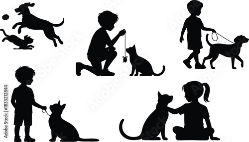Children with pets, playful silhouettes, cat and dog interaction, pet care, animal bonding, black figures, toy mouse, leash walk, companionship, silhouette art