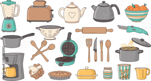 Kitchen utensil vector set with blender, toaster, kettle, cookware, waffle maker, cutlery, cups, bowls and baking tools