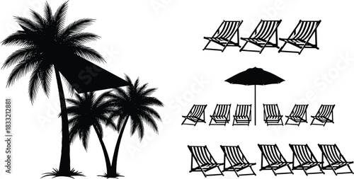 Vector Silhouette Collection of Palm Trees, Striped Deck Chairs, and Sun Umbrella, Perfect for Summer Travel and Relaxation Graphics.