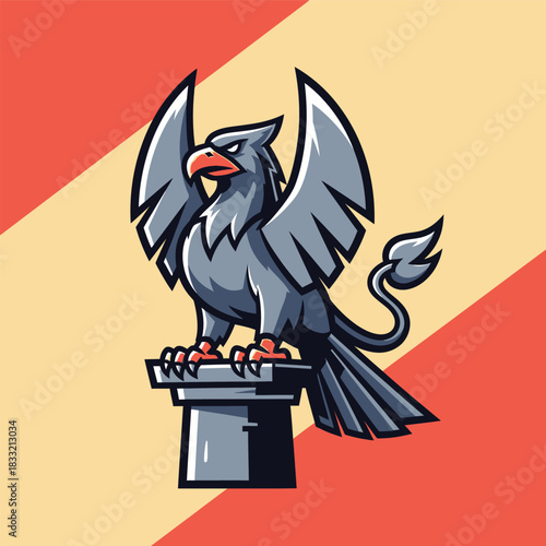 Illustration of a gray griffin perched on a gray pillar against a red and beige background.