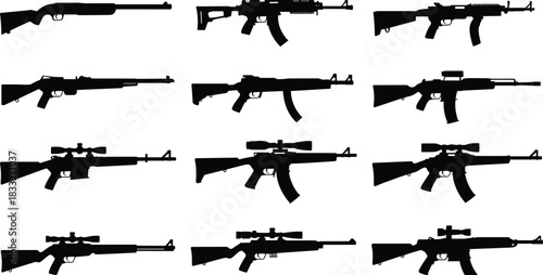 Firearm silhouettes, rifle types, sniper outlines, assault weapons, black grid layout, tactical design, weapon comparison, isometric sketch, gun models, scope shapes