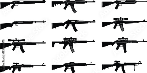 Firearm silhouettes, rifle outlines, shotgun shapes, weapon comparison, black grid layout, tactical design, gun types, isometric illustration, military concept, firearm ID