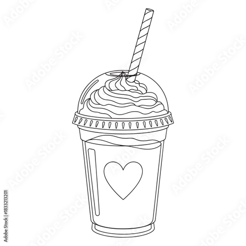 Iced Drink with Whipped Cream Line Art Illustration
