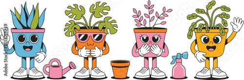 Animated plant pots, gardening fun, character design, expressive faces, sneakers, jade roller, spray bottle, playful illustration, kids gardening, isometric layout