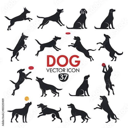 Collection of twelve black dog silhouettes in various active poses