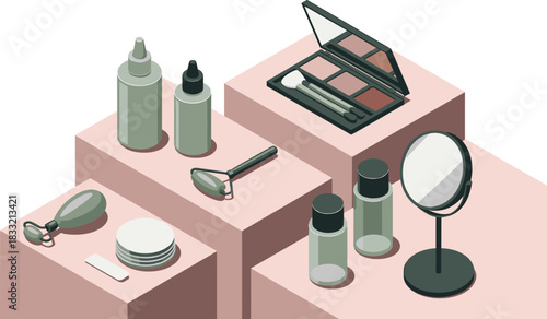 Beauty products, skincare items, jade roller, makeup palette, cotton pads, nail file, mirror, personal care, cosmetic tools, pink display
