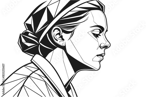 Monochrome geometric portrait — strong vector strokes, simplified face structure, premium poster-ready design.