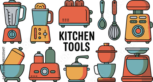 Colorful Illustration of Kitchen Tools Blender, Toaster, Whisk, Food Processor and More Line Art