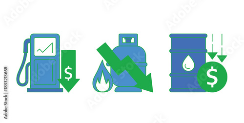 Fuel prices are decreasing with icons representing a gas pump, propane tank, and oil barrel.