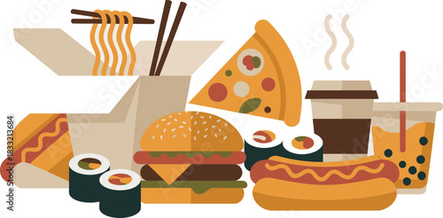 Colorful Illustration Noodles, Pizza Slice, Burger, Hot Dog, Sushi, Coffee Cup, and Bubble Tea