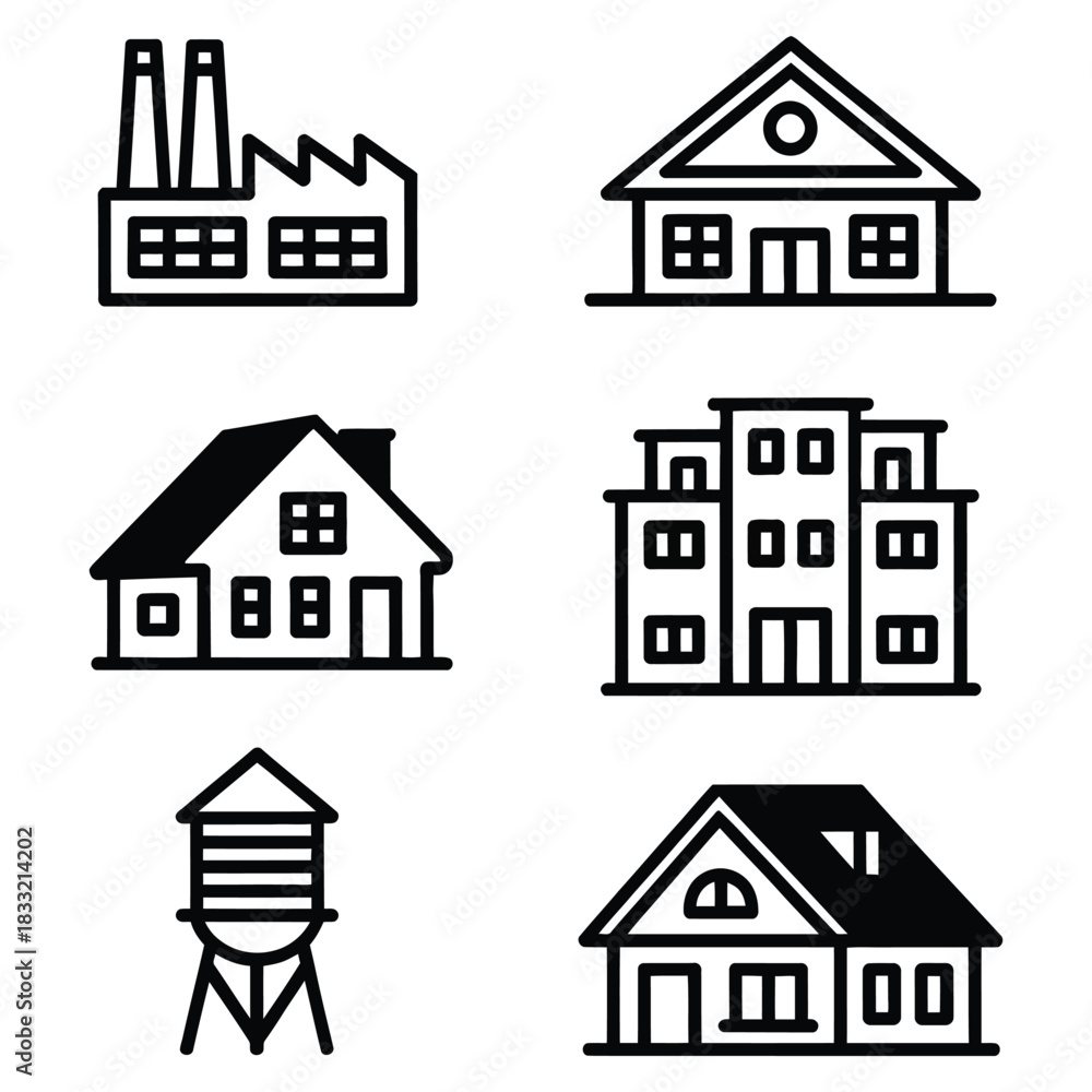 Fototapeta premium Collection of simple line art icons representing buildings and structures