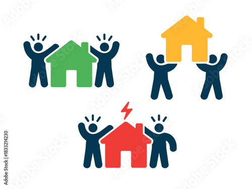 Illustrations depict stylized figures holding houses, signifying concepts of home ownership, community building, and potential property issues.