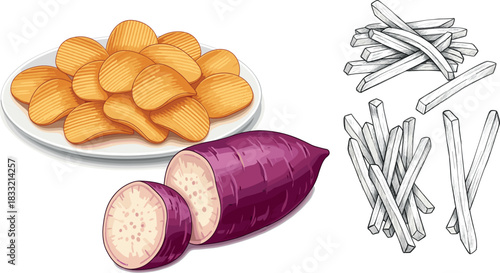 Sweet potato chips vector set with sliced root vegetable and hand-drawn fried sticks illustration collection