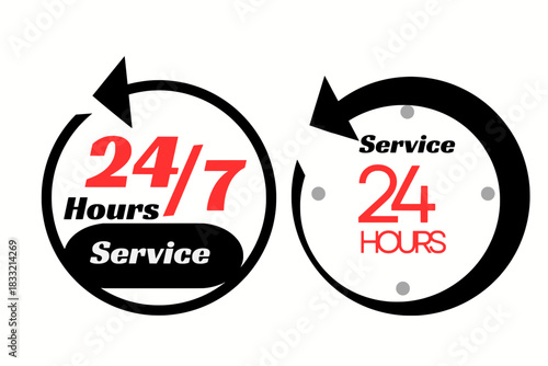24/7 Service Icons – Round Clock Symbols for Continuous Support and Full-Time Availability ,24 hours Services ,order execution or delivery service icons.	