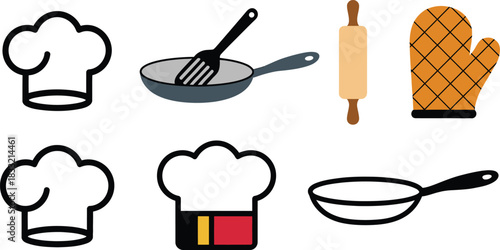 Cooking Utensils Set Chef Hats, Frying Pans, Spatula, Rolling Pin, Oven Mitt Illustration