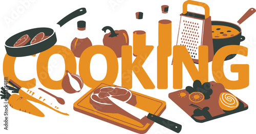 Culinary Illustration of Cooking with Ingredients, Utensils, and Bold COOKING Lettering