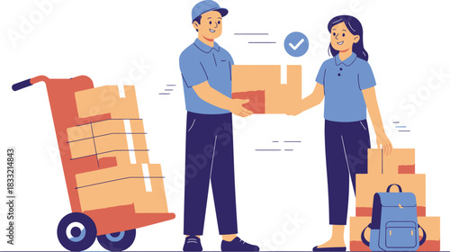 Delivery Man Handing a Box to a Woman with a Hand Truck Nearby
