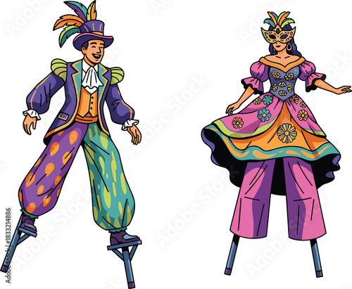 Colorful stilt walkers in carnival costumes, festive masquerade celebration, circus performance entertainment, parade street show, traditional festival party characters, cultural event
