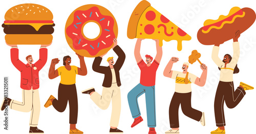 Diverse People Cheerfully Holding Oversized Fast Food Items Burger, Doughnut, Pizza, Hotdog, Fried Chicken