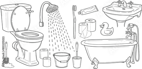 Bathroom item illustration, hygiene essentials, black line art, toilet brush, sink, shower, bathtub, personal care, minimalist vector, household sketch