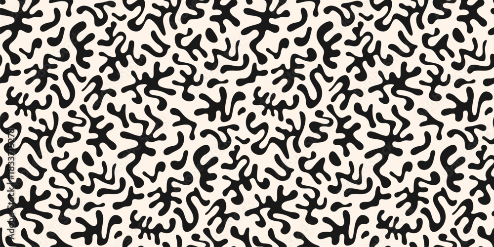 Fototapeta premium Abstract black and white seamless pattern with organic shapes, funky chaotic doodle elements. Groovy cut-out texture. Simple vector minimal background. Repeated geo design for textile, carpet, print