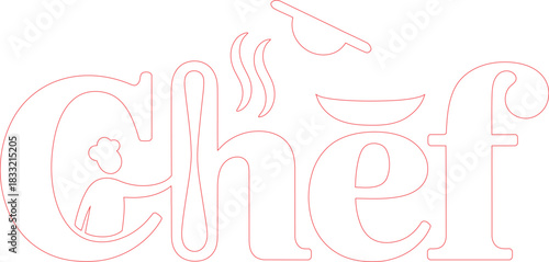 Elegant Red Outline of the Word Chef Featuring a Chef, Steam, and Utensil Elements