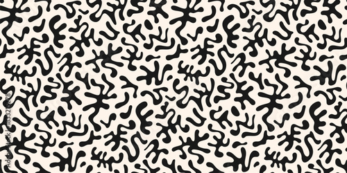 Abstract black and white seamless pattern with organic shapes, funky chaotic doodle elements. Groovy cut-out texture. Simple vector minimal background. Repeated geo design for textile, carpet, print