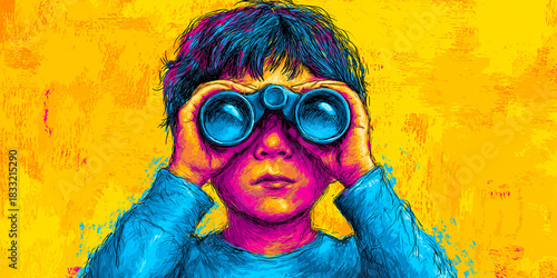 Wallpaper Mural Youthful Exploration Through Cyan Binoculars on a Vibrant Yellow Field Torontodigital.ca