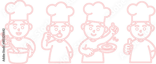 Four Red Outlines of Cartoon Chefs Cooking, Stirring, Tasting, and Flipping Food with Thumbs Up
