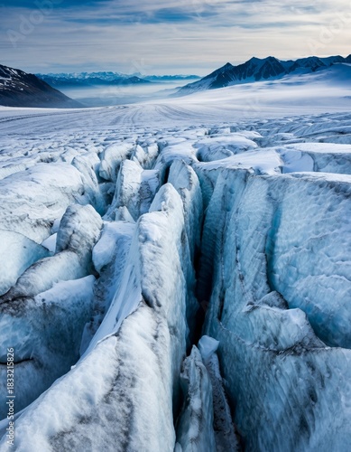 Cracked Glacier Ice with Majestic Mountain Views in the Background
