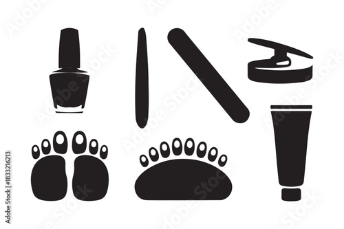 Black silhouette icons of pedicure and manicure tools and foot care items