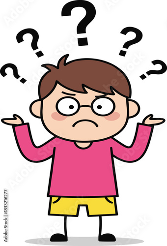 Confused cartoon character, shrugging person illustration, question marks, puzzled expression, emotional reaction, uncertainty concept, hand gesture, glasses, pink shirt, yellow shorts