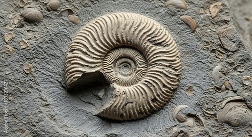 Ancient spiral ammonite fossil shell on stone