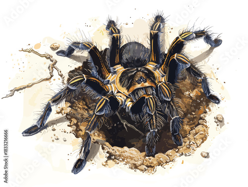 isolate white background, A tarantula emerging from its burrow after a rainstorm., drawing in color pencil art, very simple and isolate in the style of animated illustrations, white background