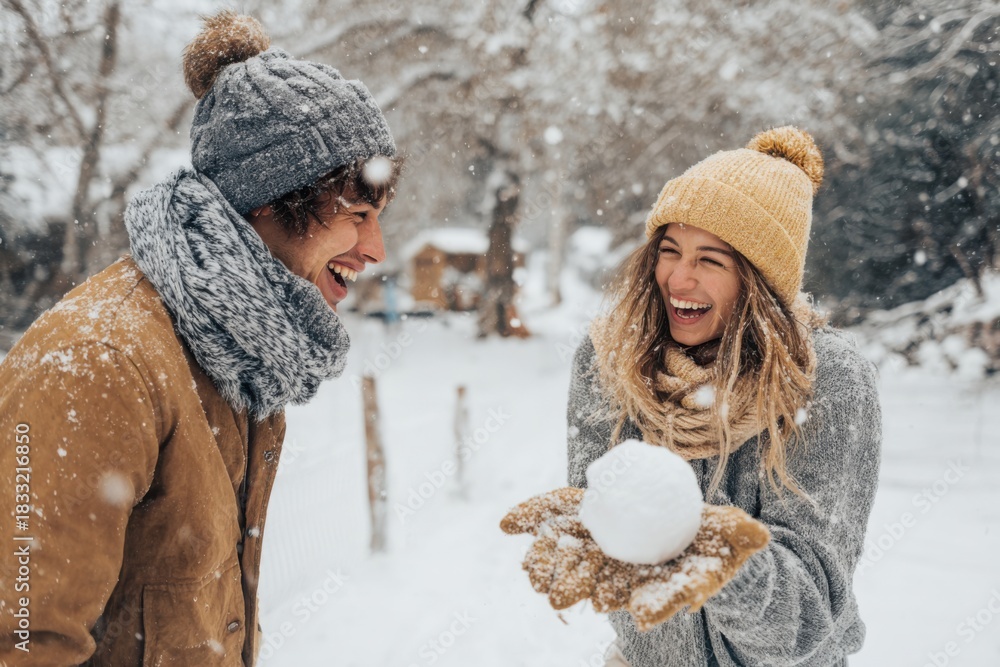 Fototapeta premium Happy Couple Playing Snowball Fight Outdoors