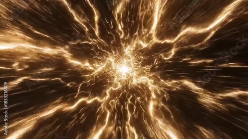 Dynamic abstract gold energy streams swirling toward a central point of light and power