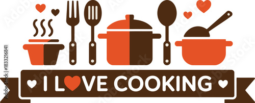 I Love Cooking Banner Featuring Pots, Utensils, and Hearts in Brown and Orange Tones