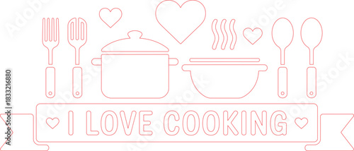 I Love Cooking Outlined in Red with Kitchen Tools, Hearts, and a Banner Illustration